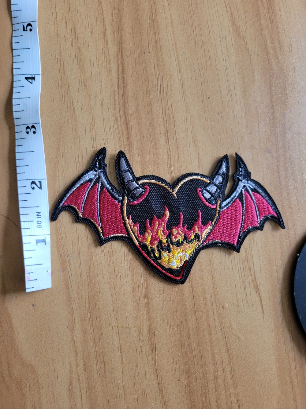 🧋NEW🧋Embroidered Flaming Heart Bat Wings Patch - Black & Red